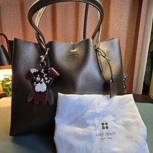 KATE SPADE 2Fer Eva Bronze Leather Tote W/ KS Floral Pup Cherrywood Bag Charm